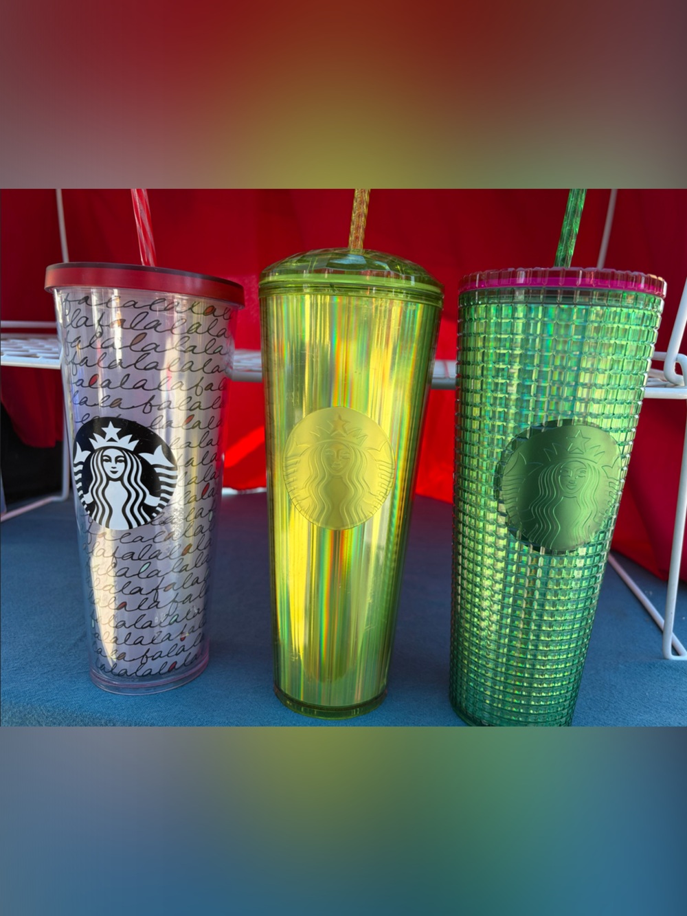 Starbucks Iridescent Yellow-Green and Silver Reusable Tumbler Trio